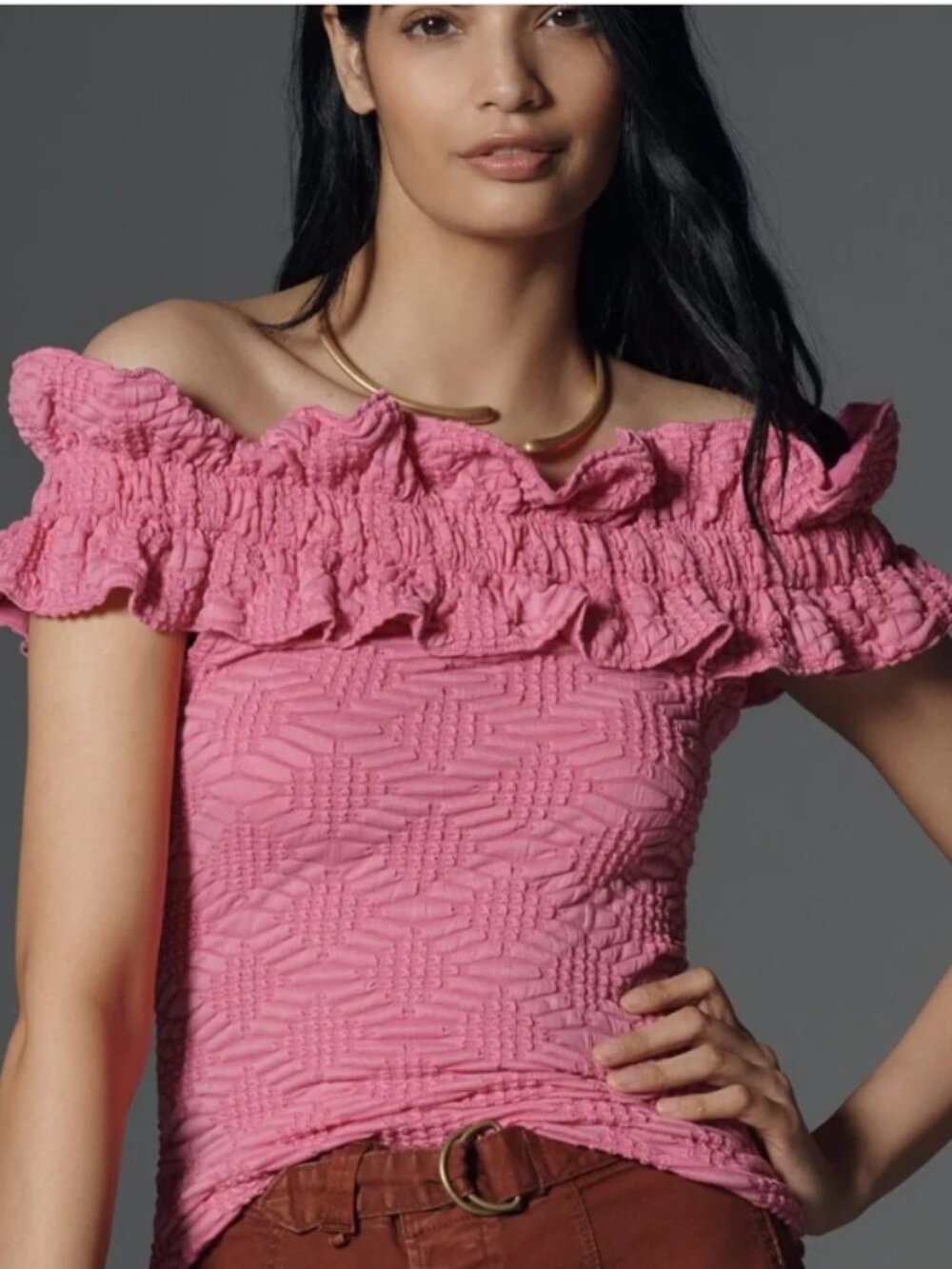 Maeve Hot Pink Ruffled Off-Shoulder Top Size M